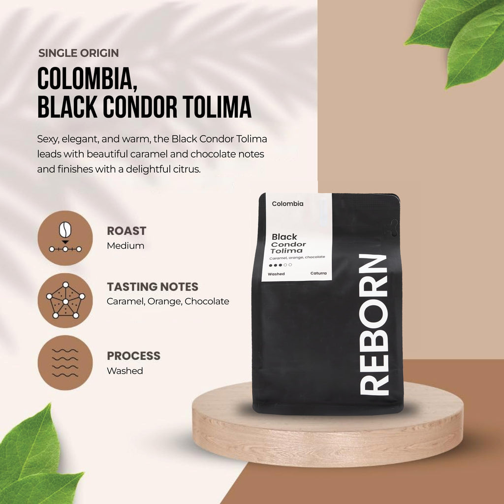 Reborn Coffee Specialty Whole Bean Coffee, Medium Roast, 12 Ounce, Colombia Black Condor Tolima, Flavor Notes of Chocolate, Nut, and Citrus