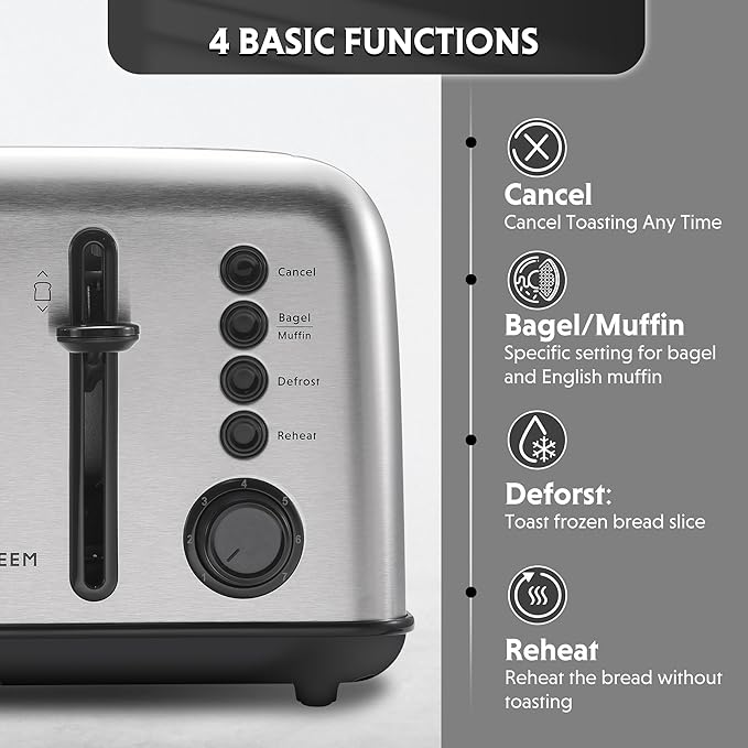 BUYDEEM DT640 4-Slice Toaster, 7 Shade Settings, Extra Wide 1.5’’ Slots for Bagel & English Muffin, 6 Toasting Functions, Retro Stainless Steel Toaster with High Lift Lever, 1800W, Retro Silver
