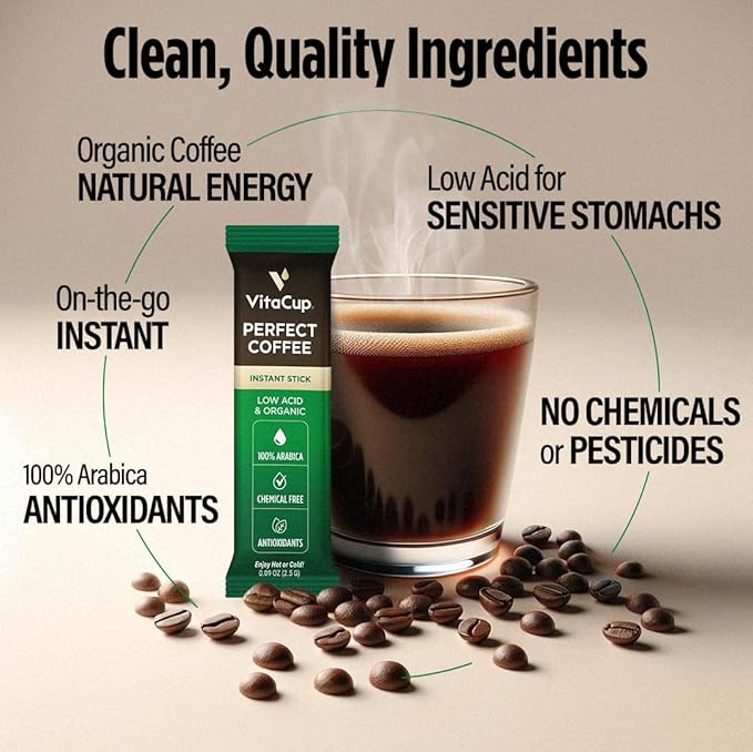 VitaCup Perfect Low Acid USDA Organic Instant Coffee Packets 24ct