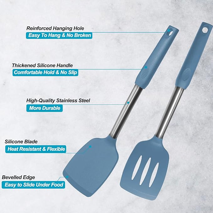 2 Pack Spatulas, Solid & Slotted Silicone Spatula Set, Stainless Steel Handle Coated with Silicone, Non Stick, Heat Resistant Rubber Flipper for Fish, Eggs, Pancakes, WOK, Starry Blue