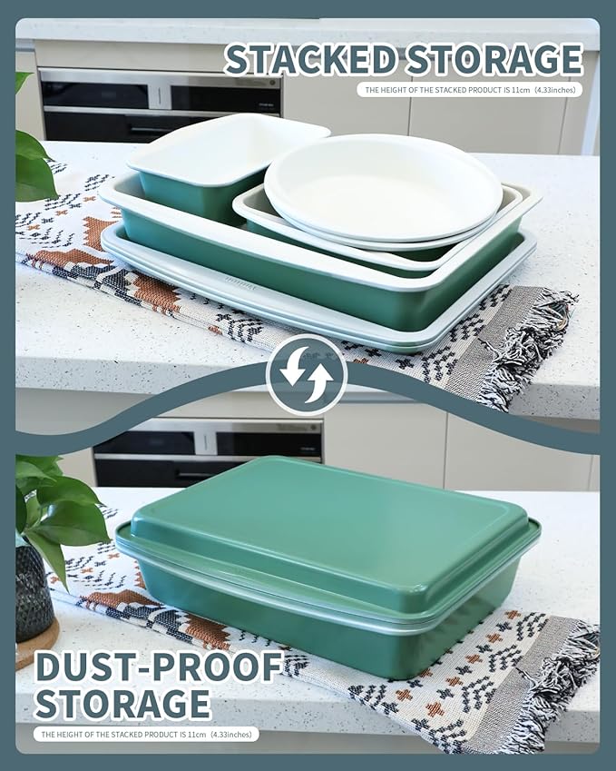 Ymiton Ceramic Nonstick Baking Pans Set, Non Toxic 33 PCS Stackable Bakeware Sets, 550°F Oven Safe Baking Sheet & Pans, Warp-Free, Dishwasher Safe, PTFE/PFOA/PFOS-Free (Green)