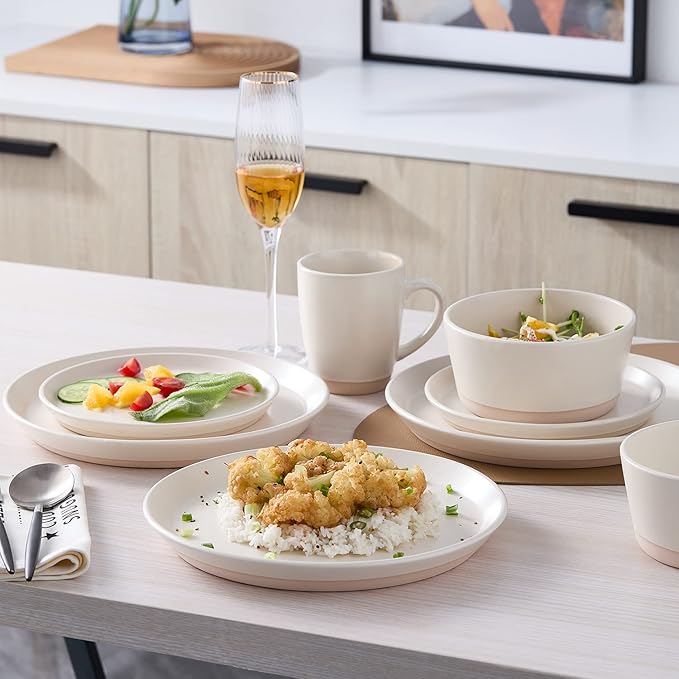 Stone Lain Jules Stoneware 16-Piece Dinnerware Set, Plates and Bowls, Service for 4, Off White, Microwave & Dishwasher Safe