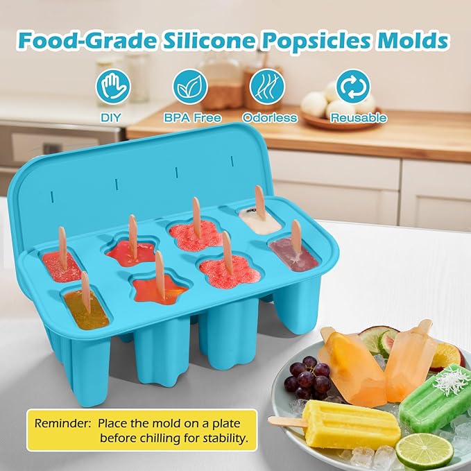 Firstfooby Popsicles Molds, 8-Cavity Silicone Popsicle Molds with 50 Sticks, BPA-Free Ice Pop Mold Popsicle Maker with Funnel & Cleaning Brush for Kids Adult Teens