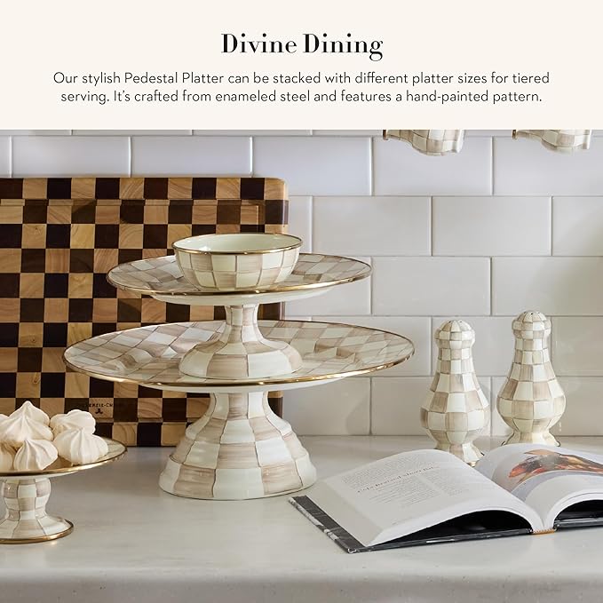 MACKENZIE-CHILDS Pedestal Platter, Mini, Brown-and-White Mocha Check