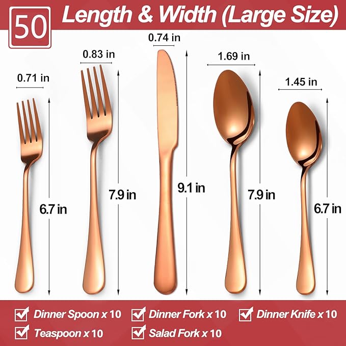 50 Pcs Rose Gold Silverware Set for 10, Food Grade Stainless Steel Flatware Set, Eating Utensils Sets Include Fork/Knife/Spoon, Reusable Cutlery Set for Home Kitchen, Dishwasher Safe, Round Edge