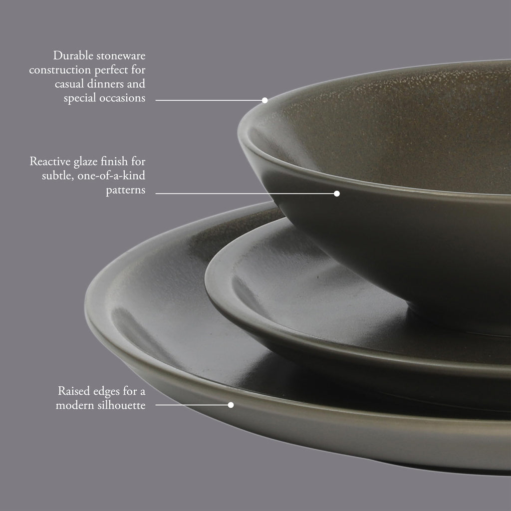 Gibson Elite 12 Piece (Service for 4) Lakecrest Plates and Bowls Reactive Glaze Round Dishes Stoneware Ceramic Dinnerware Set - Dark Green