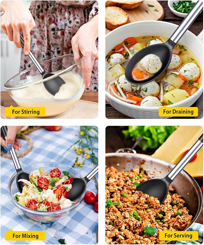 BUNDLEPRO Silicone Cooking Spoons for Non Stick Cookware, 2 Pack, Black