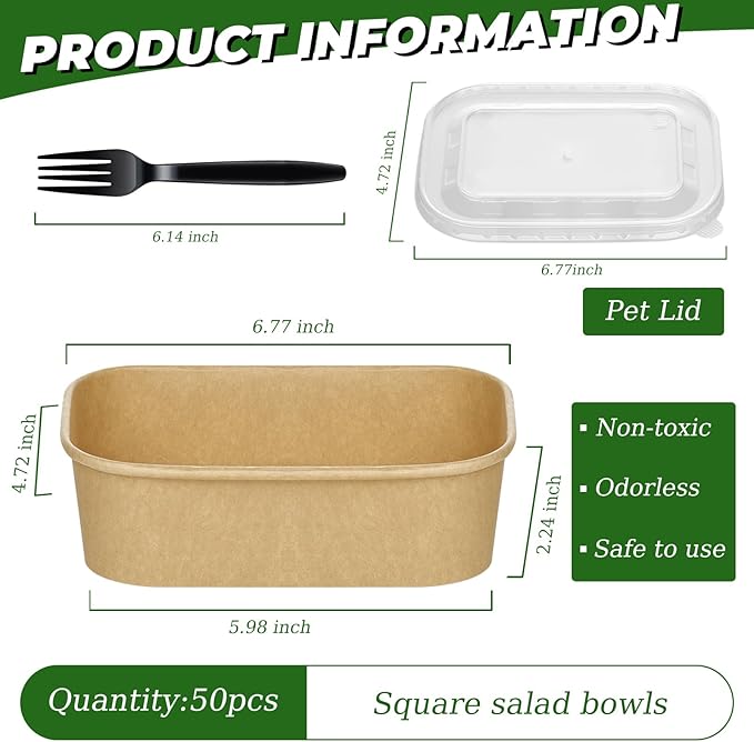50-Pack 34oz Kraft Paper Bowls, Disposable Meal Prep Containers with Lids and Forks, Food Prep Containers To Go Food Containers Deli Containers for Take-out, Meal Prep, World Cup Party Supplies