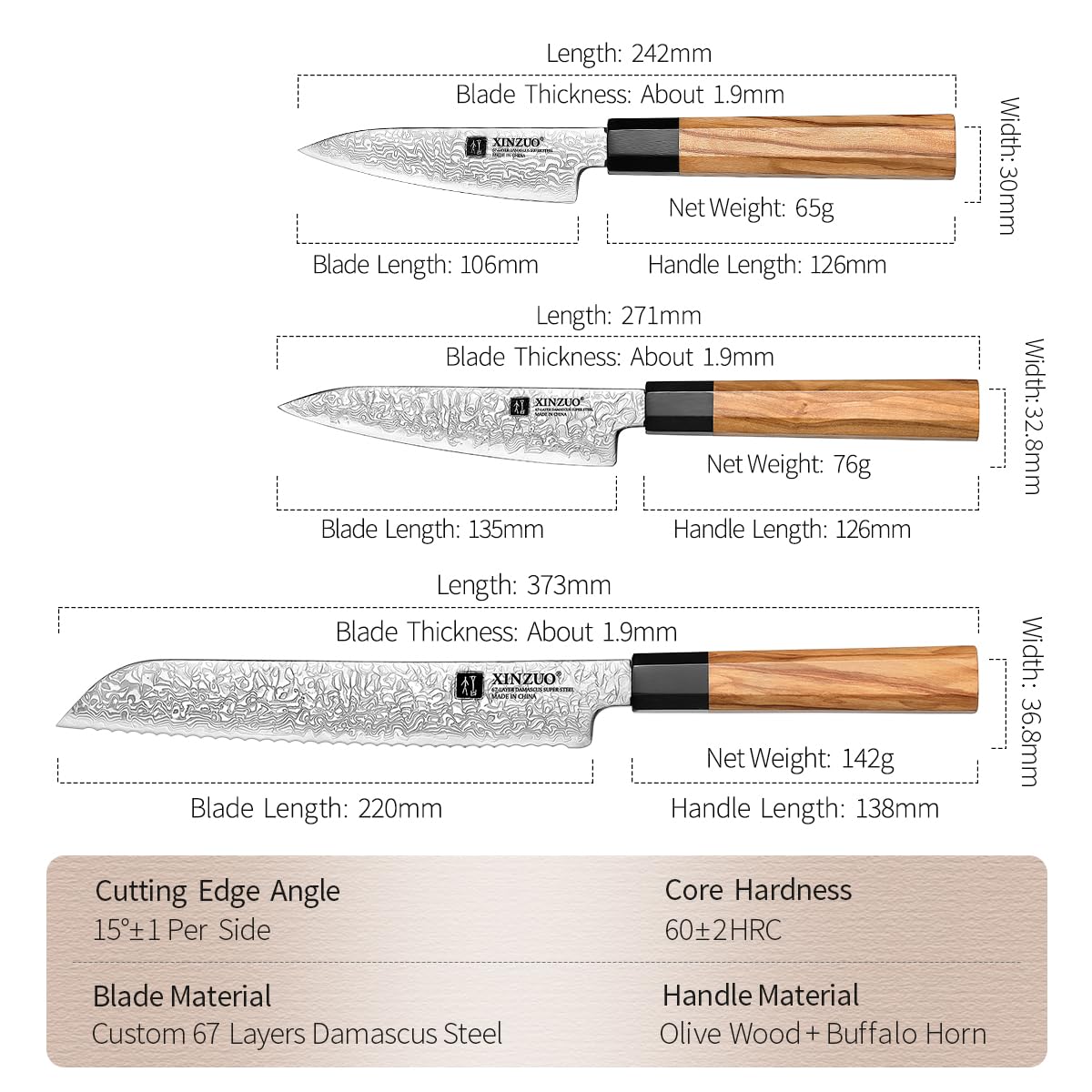 XINZUO 5 Pieces Kitchen Knife Set without Block, Hand Forged 67 Layers Damascus Steel Professional Chef Knife Set,Ultra Sharp,Olive Wood Octagonal Handle