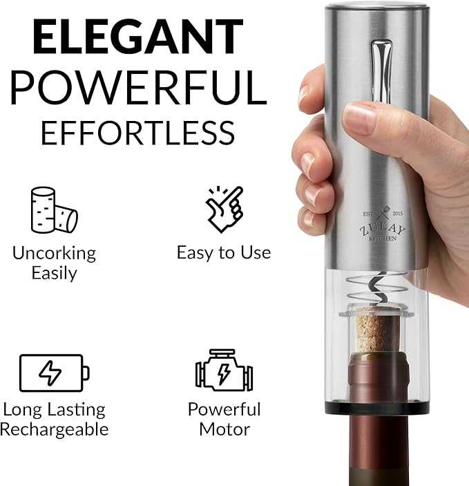 Zulay Kitchen Electric Wine Opener with Charging Base - Electric Wine Bottle Opener, Stainless Steel Wine Opener - Aerator Pourer, Foil Cutter & 2 Vacuum Stoppers - Silver