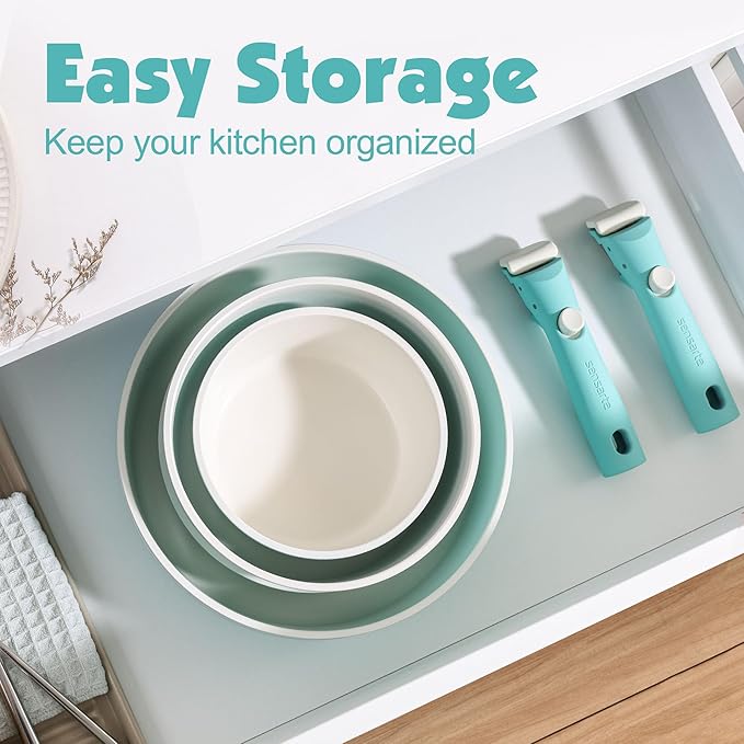 SENSARTE 24 Piece Ceramic Detachable Handle Pots and Pans Set Turquoise