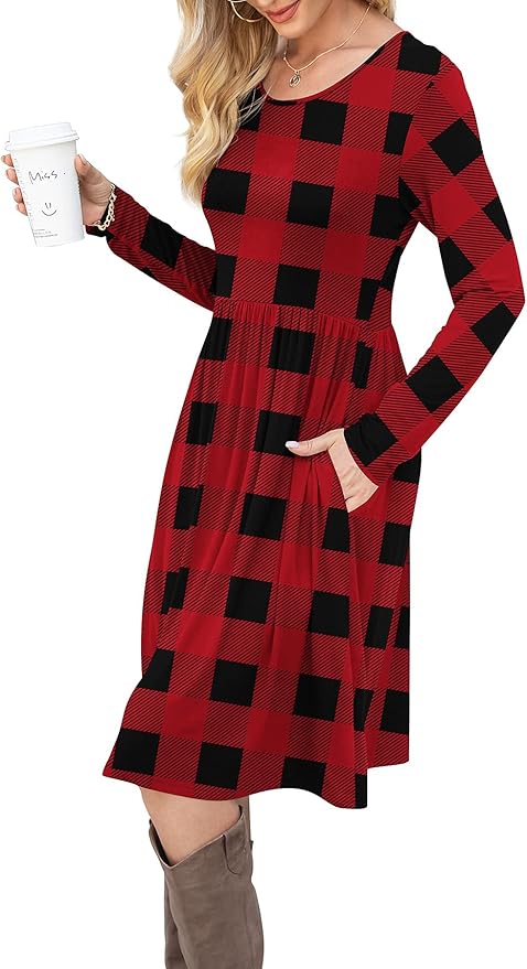DB MOON 2026 Women Casual Long Sleeve Fall Dresses Empire Waist Knee Length Loose Dress with Pockets (Red Plaid, 2XL)