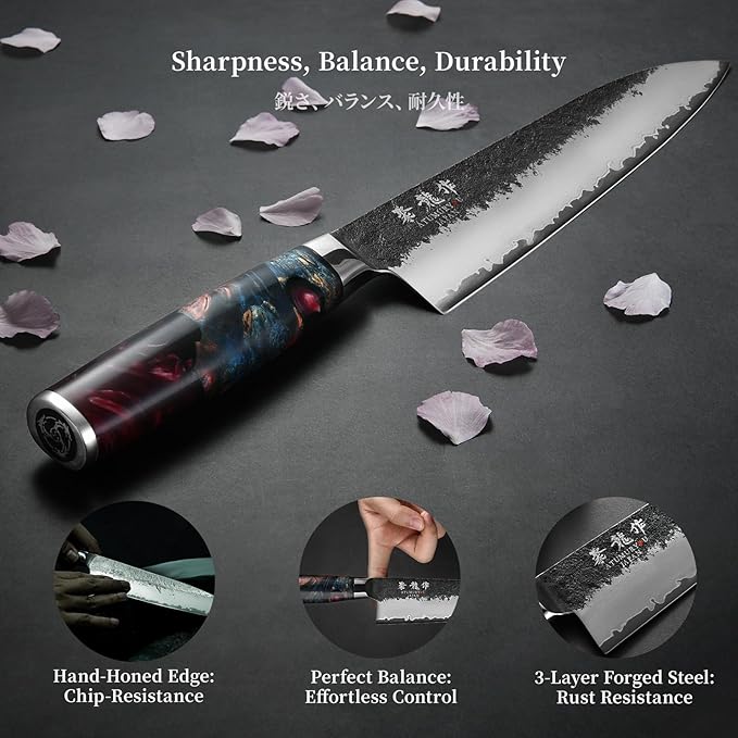 8.27 Inch Japanese Gyuto Chef Knife, Black Forged 3-Layer VG10 Steel Core