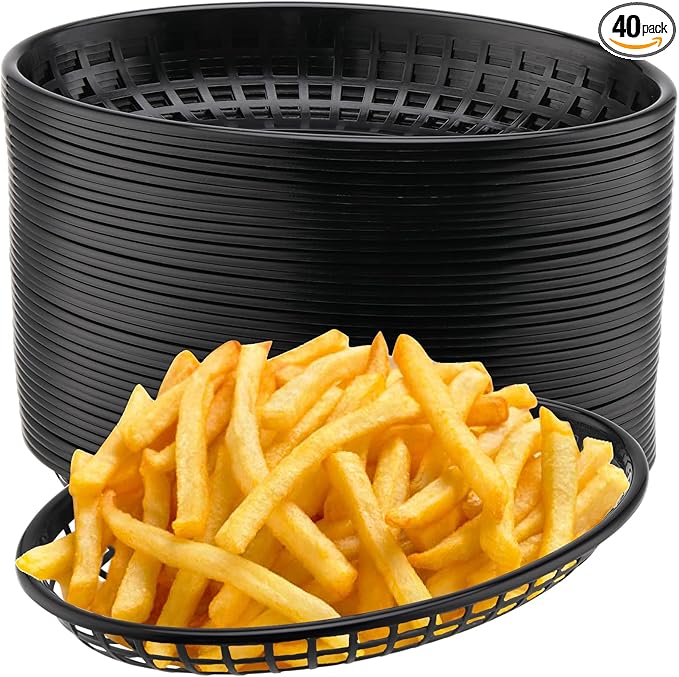 HEIHAK 40 Pack 8.9x5.7x1.6 Inch Black Plastic Fast Food Baskets, Restaurant Serving Baskets, Oval Fast Food Serving Tray for Picnic, Deli Serving, Chicken, Burgers and Fries