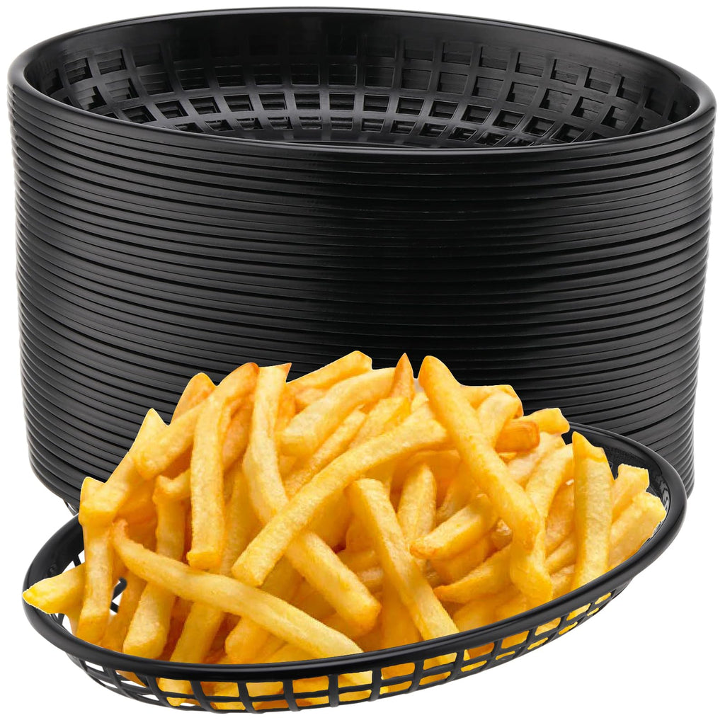 HEIHAK 40 Pack 8.9x5.7x1.6 Inch Black Plastic Fast Food Baskets, Restaurant Serving Baskets, Oval Fast Food Serving Tray for Picnic, Deli Serving, Chicken, Burgers and Fries
