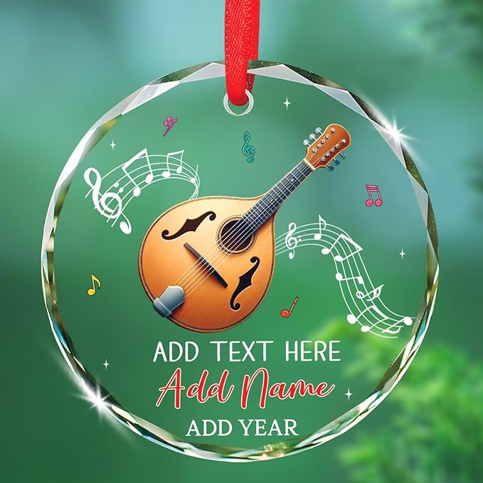 Personalized Mandolin Glass Ornament Xmas 2026, Musical Instrument Christmas Ornament Gift for Mandolin Player, Customized Text & Name Mandolinist Glass Keepsake, Instrument Lover Christmas Ornaments