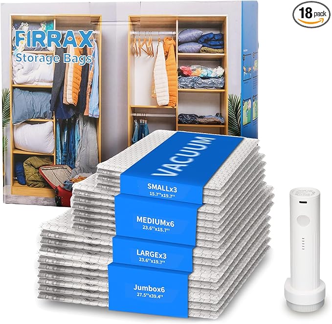 FIRRAX 18 Pack Vacuum Storage Bags with Rechargeable Electric Air Pump (6J+3L+6M+3S), Space Saver Vacuum Sealer Bags for Clothing, Blankets, Bedding, Comforters and Pillows