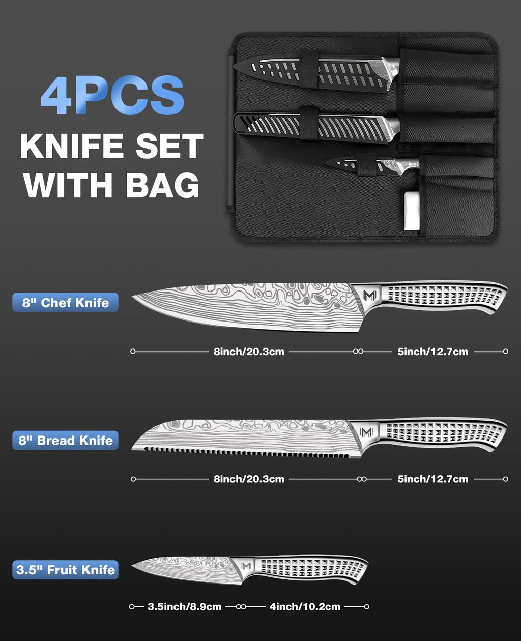 Meleho 4PCS Kitchen Knife Set,High-Carbon Stainless Steel Chef Knife Set, Portable Knife Roll Bag, Portable Knives for Outdoor Camping and Travel
