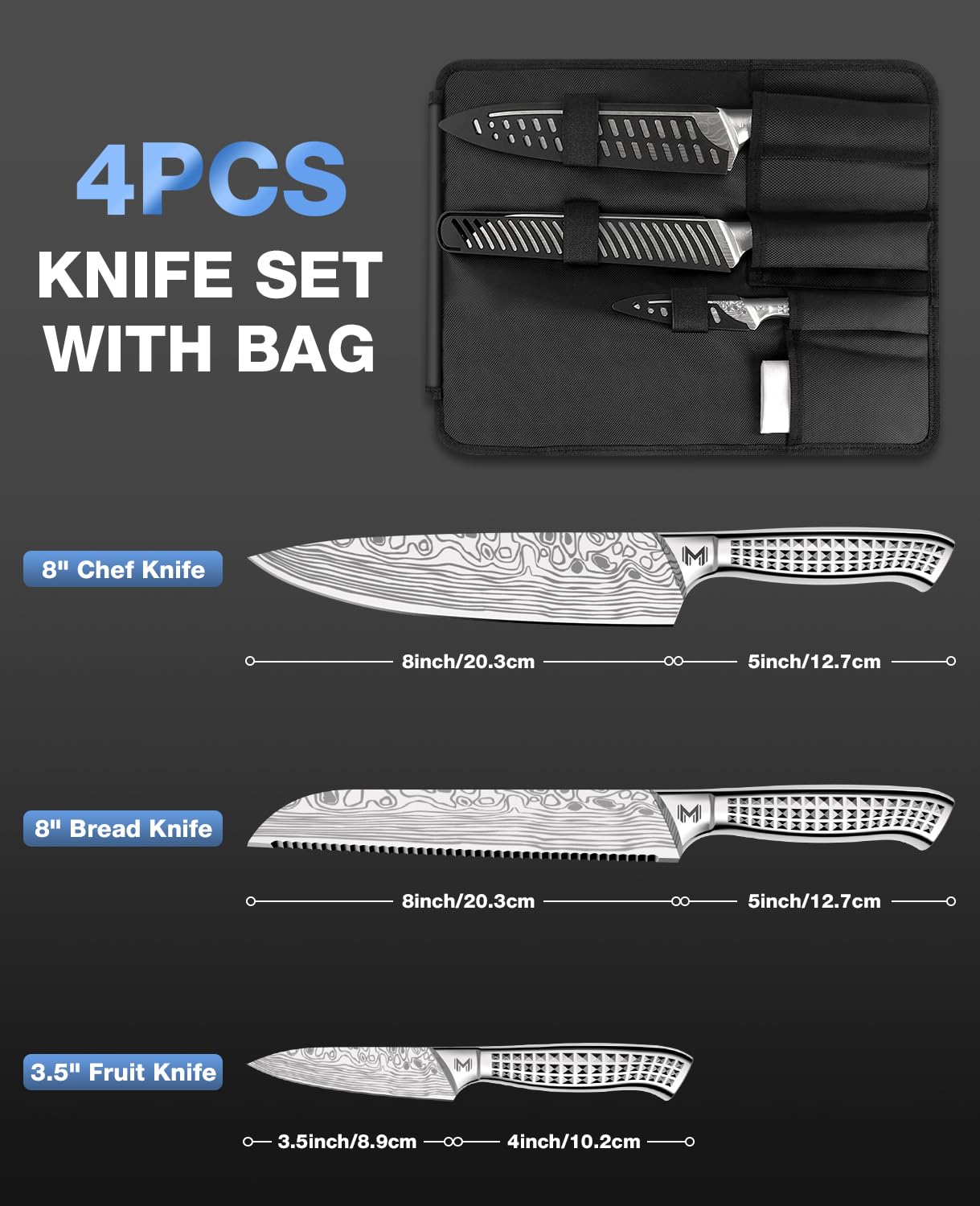 Meleho 4PCS Kitchen Knife Set,High-Carbon Stainless Steel Chef Knife Set, Portable Knife Roll Bag, Portable Knives for Outdoor Camping and Travel