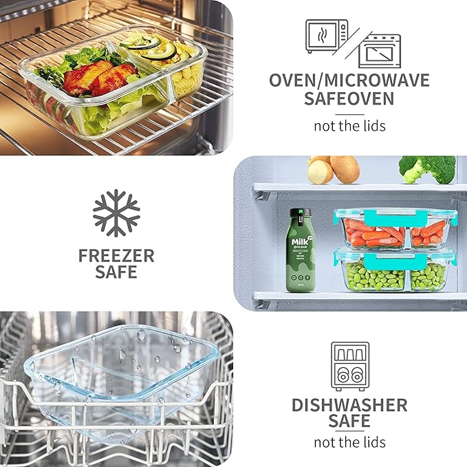 KOMUEE 10 Packs 30oz Glass Meal Prep Containers 2 Compartments, Green