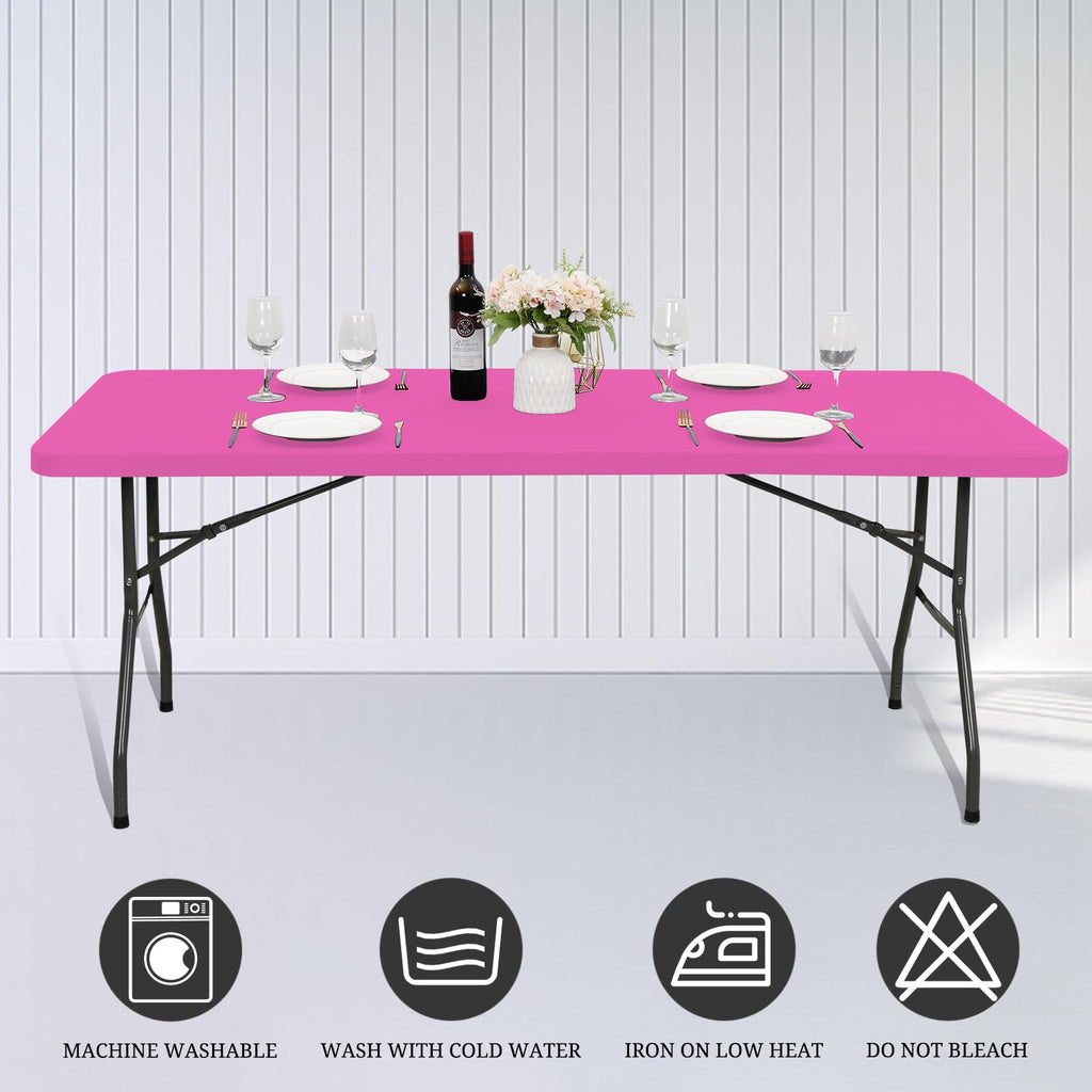 10 Pack Fitted Tablecloth for 6 Foot Rectangle Tables, Hot Pink Elastic Outdoor Picnic Table Cover, Washable Stretch Folding Table Cloths 6 ft for Camping Party Patio Kitchen Banquet, 30" W x 72" L