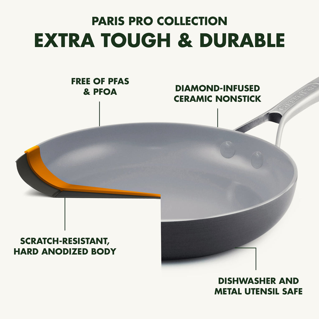 GreenPan Paris Pro Hard Anodized Healthy Ceramic Nonstick, 14 Piece Cookware Pots and Pans Set with Stainless Steel Lids, PFAS-Free, Dishwasher Safe, Grey