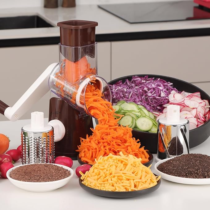 Cambom Rotary Cheese Grater Hand Crank Cheese Shredder for Fresh Cheese, Vegetable, Nuts,Non-slip Suction Base, Three Blades, Coffe Color