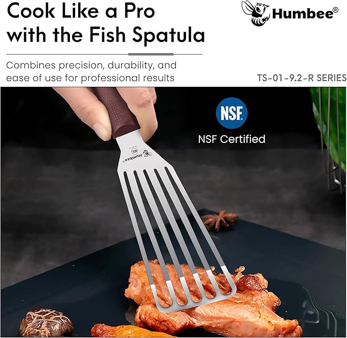 HUMBEE 9 Inches Fish Turner, Slotted Fish Spatula Dishwasher Safe NSF, Shovel Brown