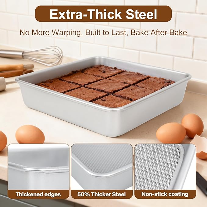 Logario 9 x 9 Inch Square Baking Pans, Set of 2, 0.8 mm Heavy-Duty Aluminized Carbon Steel Nonstick Brownie and Cake Pans, Textured Bottom, Oven Safe to 450°F, Silver