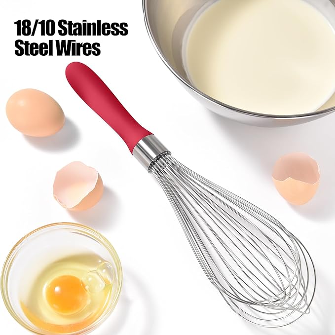 Doosu 18/8 Stainless Steel Balloon Whisk for Cooking (12 Wires, Red)