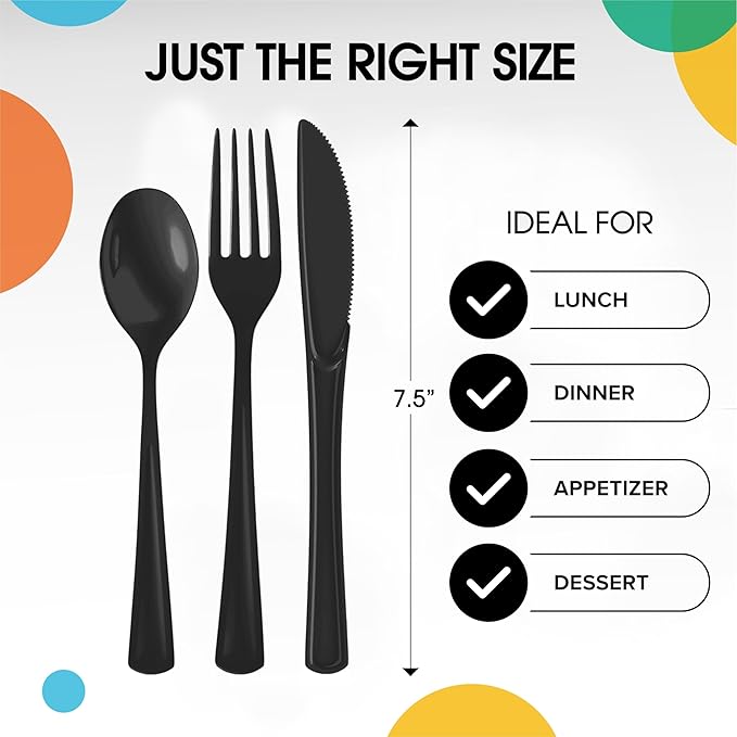 Party Solids Black Plastic Silverware Heavy Duty 300 Pieces Black Disposable Silverware Heavy Duty, Utensil Sets, 100 Of Each Forks, Knives & Spoons Disposable Cutlery Set For Party Supplies