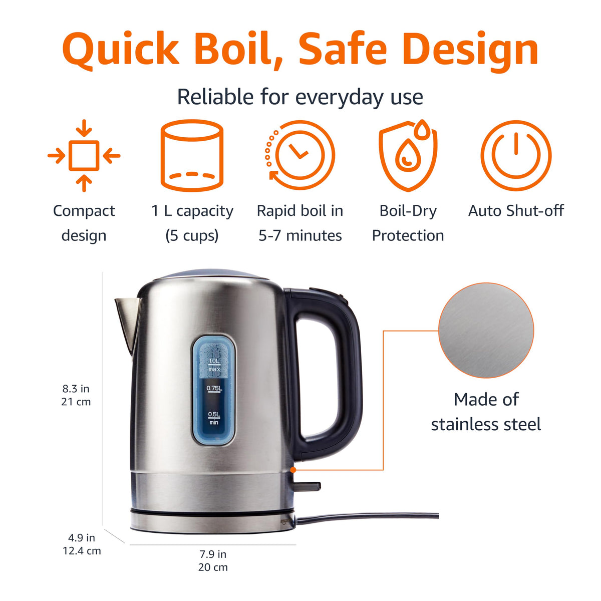 Amazon Basics Electric Stainless Steel Kettle for Tea and Coffee, BPA-Free, Fast Boiling, Auto Shut-Off, 1 Liter, 1500W, Black and Silver