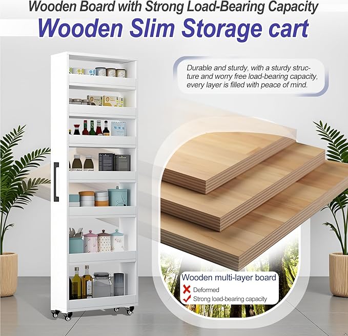 MINGRUIYU 7-Tier Slim Storage Cart, Wooden Rolling Pantry Cabinet with Wheels, Narrow Shelf Organizer for Kitchen, Bakers Rack, Dining Room, Closet, Small Spaces Dark Walnut 47.2" H*5.9" W*16.9" D