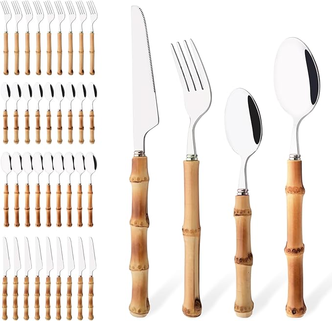 Uniturcky 40PCS Silverware Set for 10, Bamboo Handle Flatware Set, Stainless Steel Cutlery Set for Home Restaurant and Party, Bamboo Forks Spoons and Knives Set, Polished Tableware