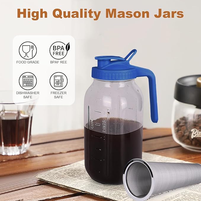 QHH Cold Brew Coffee Maker, 64 oz Mason Jar Pitcher with Stainless Steel Filter, Pour Spout Handle Lid, Heavy Duty Glass Airtight & Leak-Proof for Iced Coffee,Tea & Lemonade