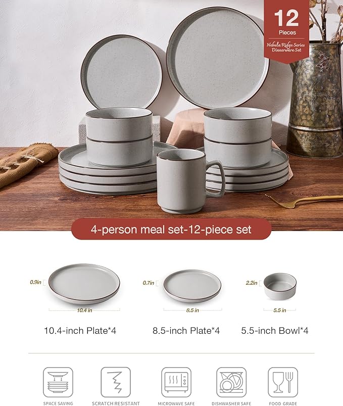 Famiware Nebula Ridge 12-Piece Stoneware Dinnerware Set, Light Gray