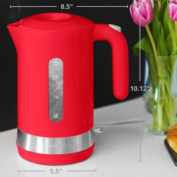 OVENTE 1.8L Electric Kettle with 1500W Fast Boiling Heater, Red KP413R