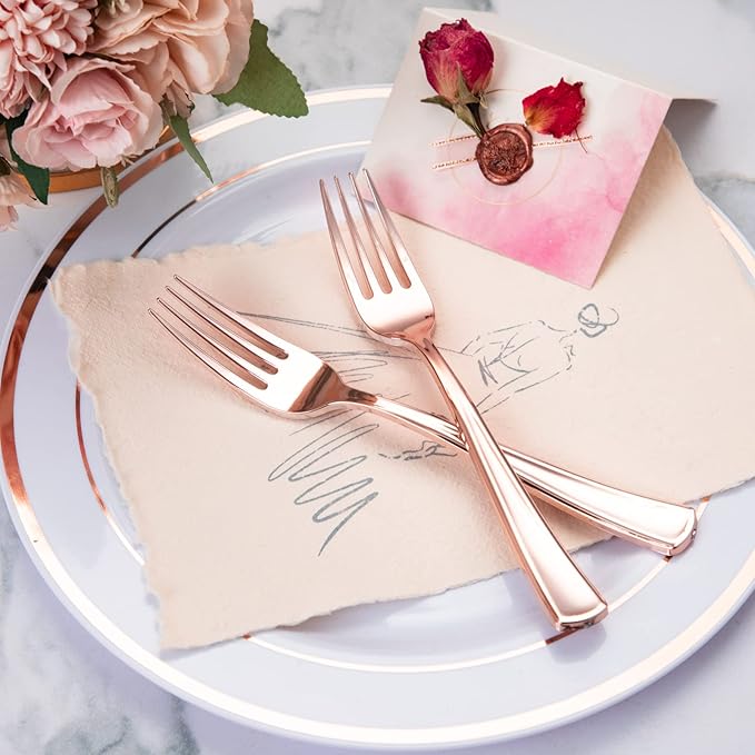 Liacere 200 Pack Rose Gold Forks Disposable - 7.4 inch Heavy Duty Plastic Forks - Heavyweight Plastic Fork - Rose Gold Silverware for Catering, Parties, Dinners, Wedding＆Mother's Day＆Valentine's Day