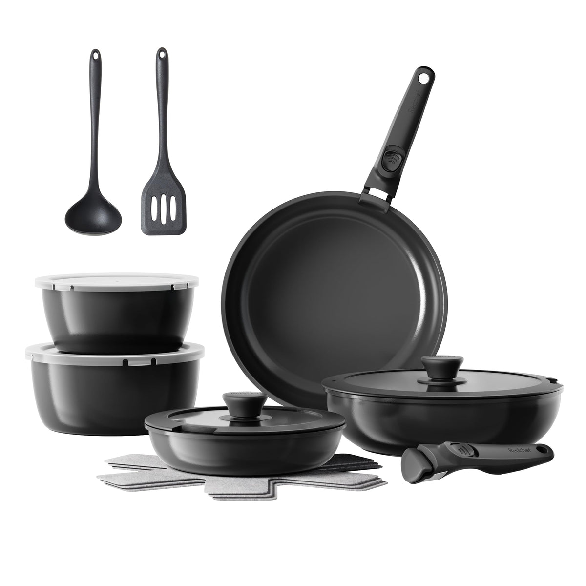 Redchef Ceramic Pots and Pans Set, Nonstick Kitchen Cookware Set with Detachable Handle, Non Toxic Cookware Set 16pcs, PFAS PFOA & PTFE Free, RV Ceramic Cookware for Camping, Dishwasher/Oven Safe