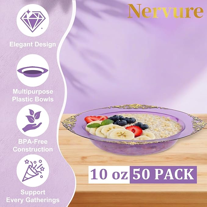 Nervure 50PCS Purple Plastic Bowls with Gold Rim 12oz Disposable Soup Bowls