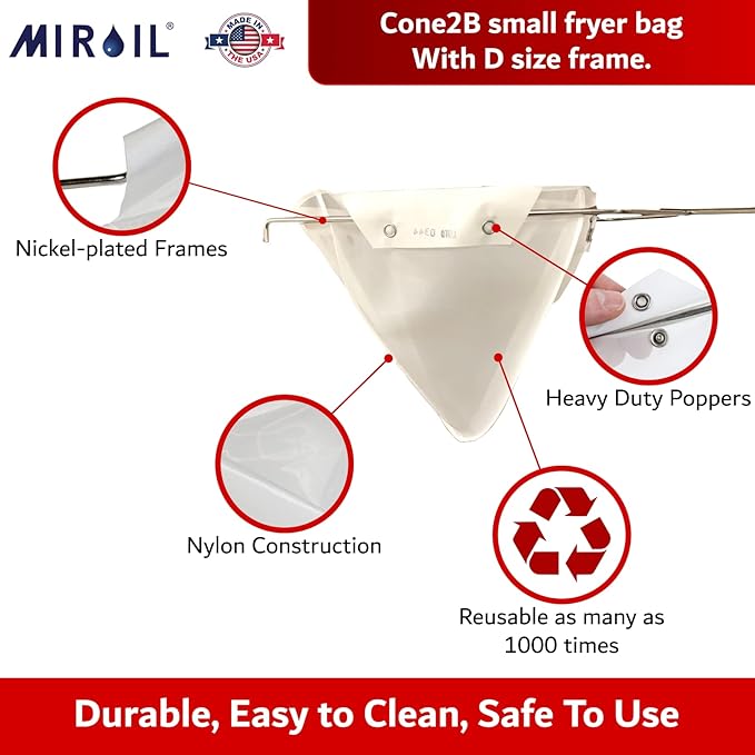MirOil CONE2B Fryer Filter Bag & Frame Combo Set – Durable Reusable Strainer Bag and Metal Support Frame for Commercial Kitchen Use - Compatible with MirOil Blue Oil Caddy - Model #30L