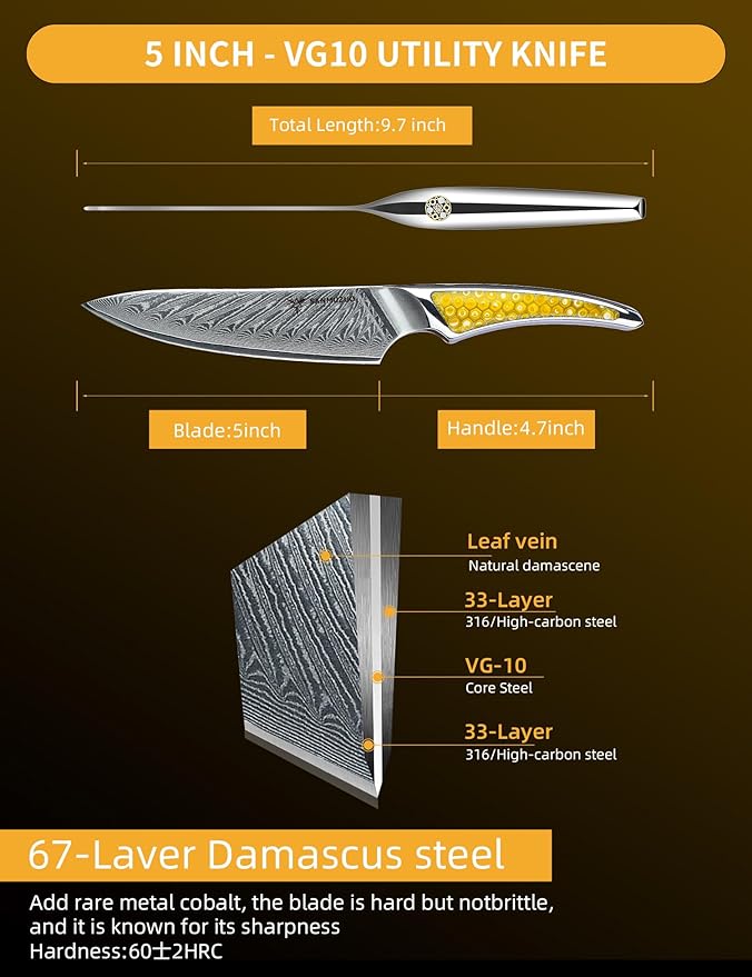 SANMUZUO 5 inch Utility Knife, Japanese VG-10 Damascus Steel Kitchen Knife, Ultra Sharp Fruit Knife with Full-tang Handle in Yellow Resin, LA-S9 Series