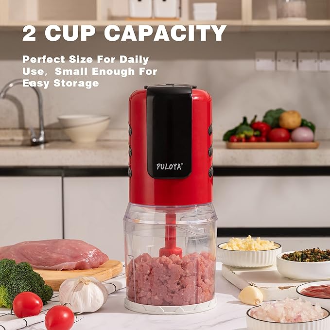 PULOYA Mini Prep Food Processor 2 Cup Small Electric Food Chopper 2 Speed for Vegetables, Meat, Fruits and Nuts with 4 Stainless Steel Blades, 400-Watt, Red