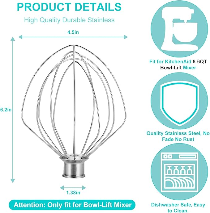 Stainless Steel KN256 Whisk for KitchenAid 6 Qt Bowl-Lift Stand Mixer