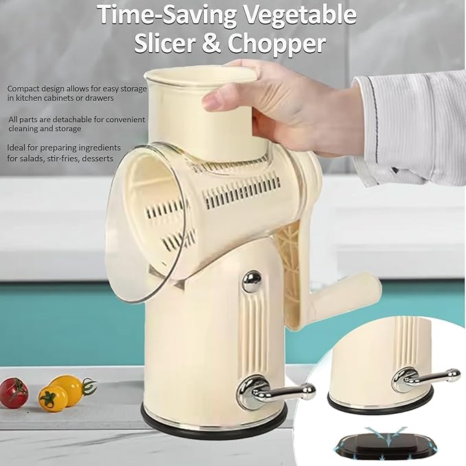 Chef Power's 5 in 1 Rotatory Cheese Grater - Premium Quality Hand Cheese Grater With Handle - Food Chopper for Kitchen - Beige