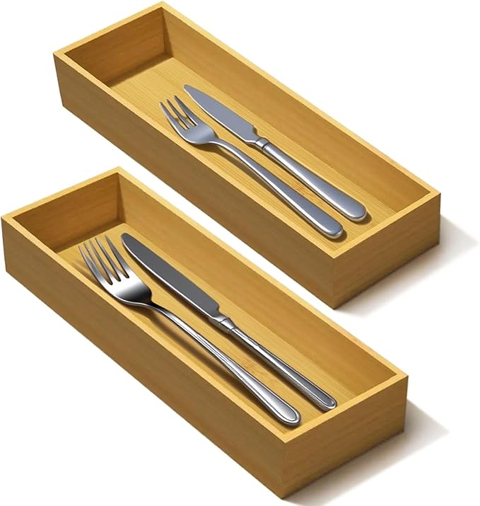 guiogc Bamboo Drawer Silverware Organizer, Silverware Tray, Flatware Organizer, Bamboo Storage Box Suitable for Office, Bathroom and other objects storage (9.85"x3.55"x1.78"- Set of 2)