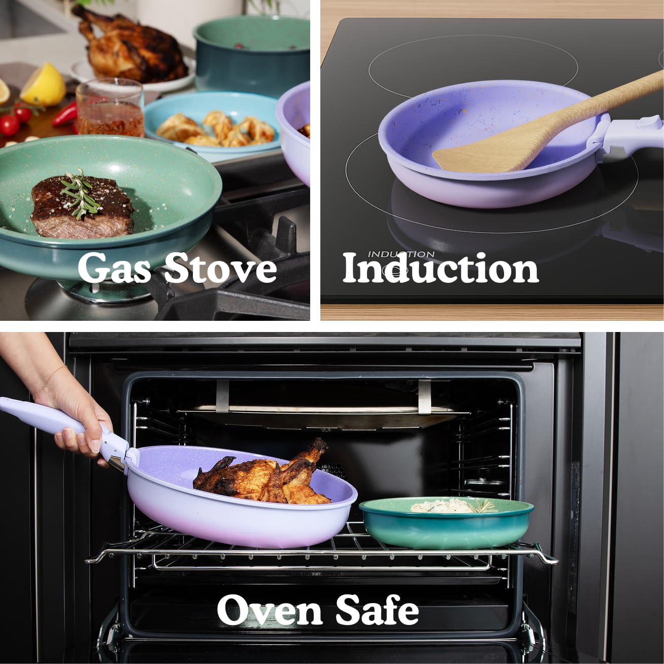 BytheTable Ombré Titanium Ceramic Cookware Set Non Toxic – 8 Pcs Non Stick Pots and Pans Set with Removable Handles, Magnetic Lid & Wooden Spatula for Cooking – Oven & Dishwasher Safe (Catalina Blue)
