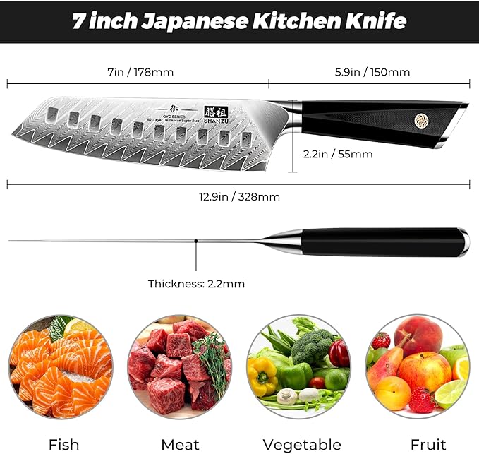 SHAN ZU Damascus Chef Knife Santoku Knife 7 Inch