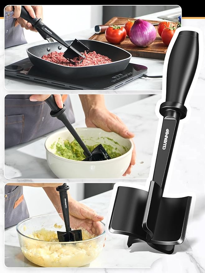Meat Chopper, Hamburger Grinder, Premium Heat Resistant Smasher for Ground Beef, Burger Grinder Nylon Potato Mix Tool, Meat & Poultry Tenderizers (Black)