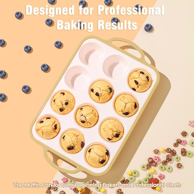 Fimary Silicone Muffin Pans for Baking 2 Pack, 2.6 Inch with Metal Reinforced Frame, Regular Size Nonstick Cupcake Pan 12 Cups for Baking Homemade Muffins, Dishwasher Safe BPA Free-Light Yellow